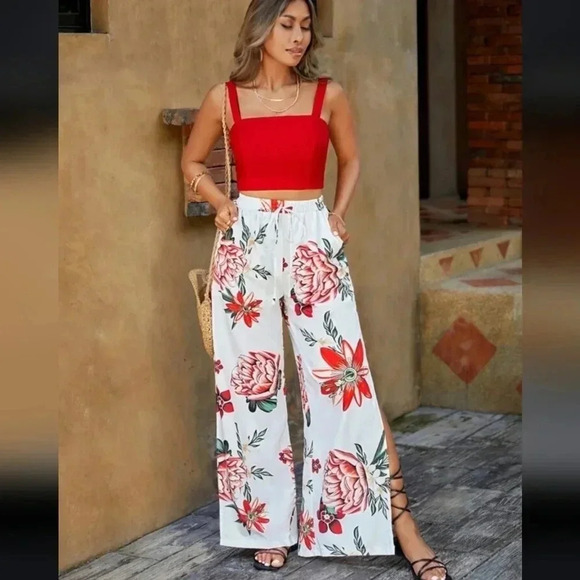 Summer Solid Cami Top & Floral Print Split Thigh Pants Two Piece Set - Picture 2 of 6